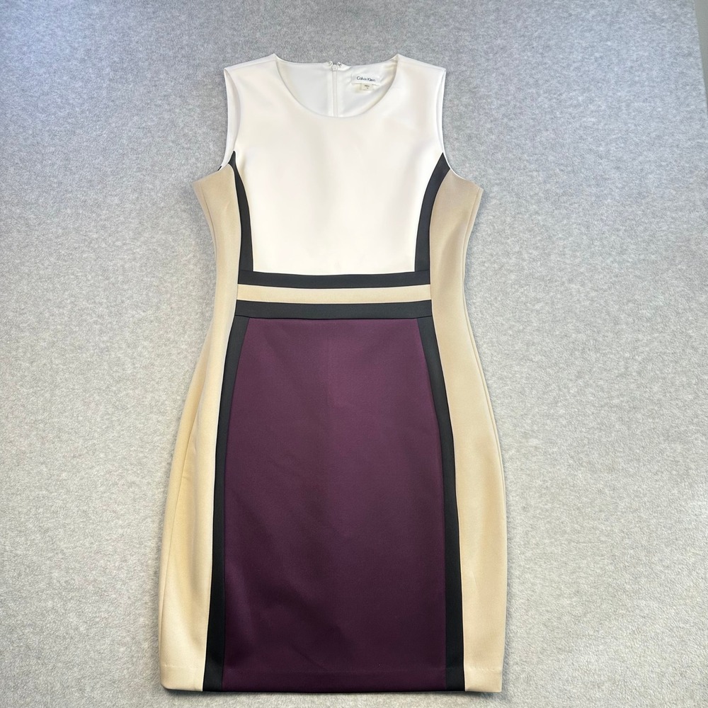 Calvin Klein Burgundy Aubergine Colorblock Dress Scuba Ponte Knit Career Office